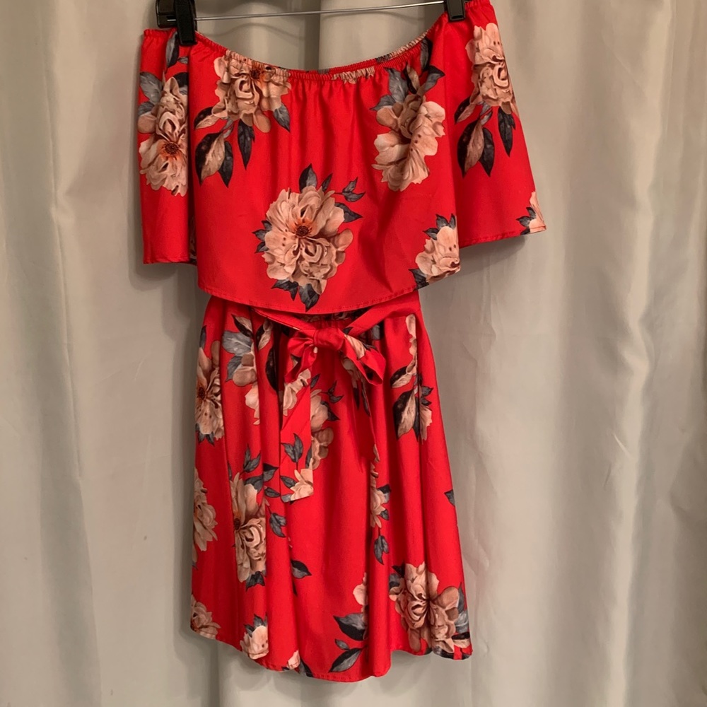 Off The Shoulder Red Floral Dress, L